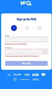 MrQ Casino Sign Up Step 1